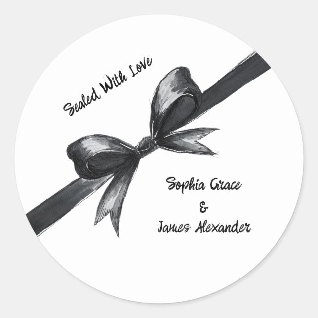 Black & White Bow | Elegant Wedding | Monochrome Classic Round Sticker (Front)