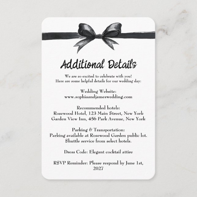 Black & White Bow | Elegant Wedding | Monochrome Enclosure Card (Front)