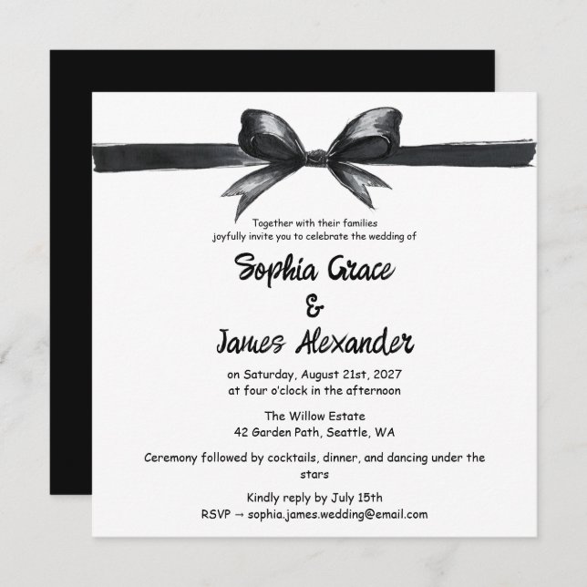 Black & White Bow | Elegant Wedding | Monochrome Invitation (Front/Back)
