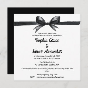 Black & White Bow   Elegant Wedding   Monochrome Invitation