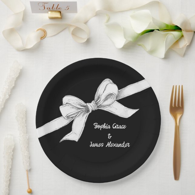 Black & White Bow | Elegant Wedding | Monochrome Paper Plates (Wedding)