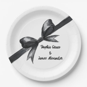 Black & White Bow   Elegant Wedding   Monochrome Paper Plates
