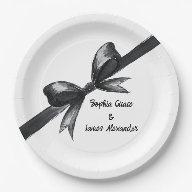 Black & White Bow | Elegant Wedding | Monochrome Paper Plates (Front)