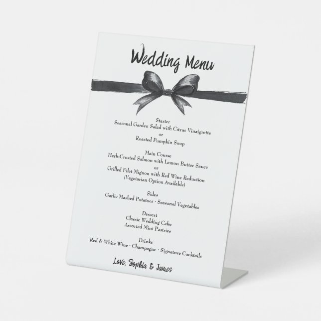 Black & White Bow | Elegant Wedding | Monochrome Pedestal Sign (Front)
