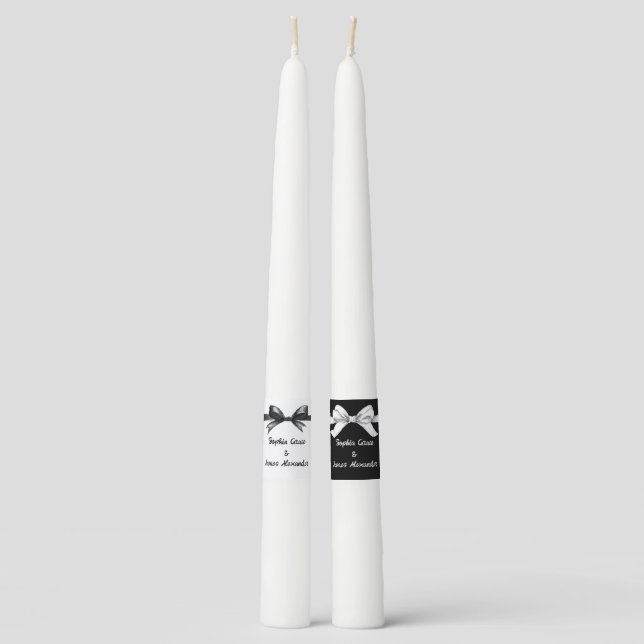 Black & White Bow | Elegant Wedding | Monochrome Taper Candle (Front)