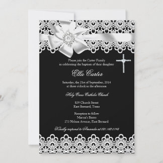Black White Bow & Lace Cross Baptism Invitation