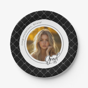 Black White Bow Photo Graduation Party Paper Plate