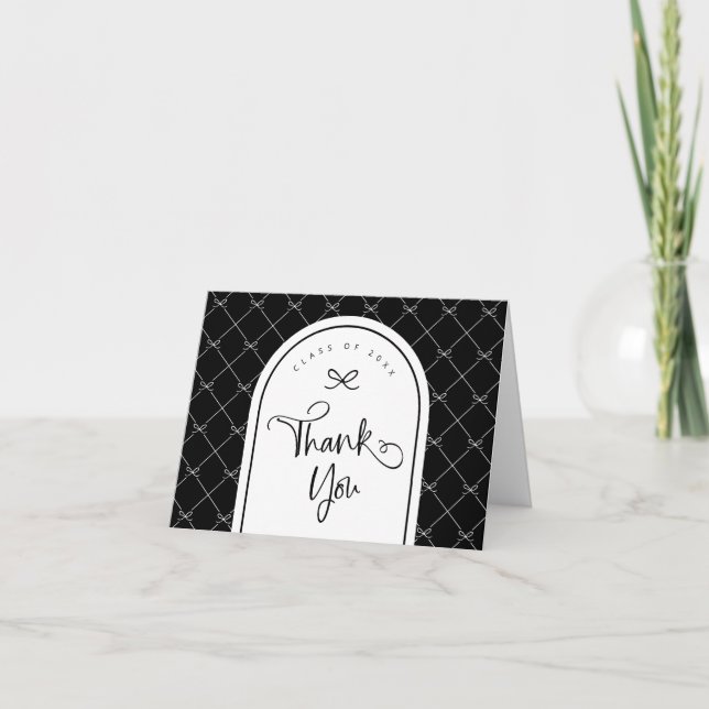 Black White Bow Script Photo Graduation Letterpress Thank You Card (Front)