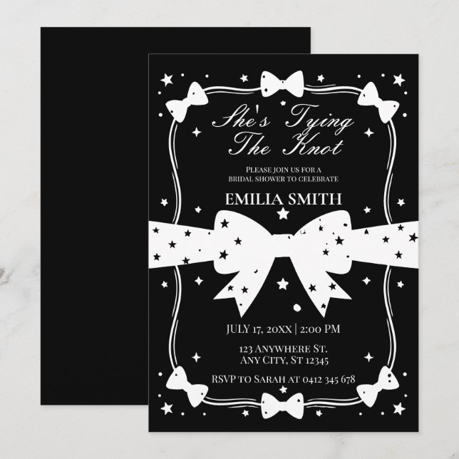 black white Bow She's Tying the Knot Bridal Shower Invitation (Front/Back)