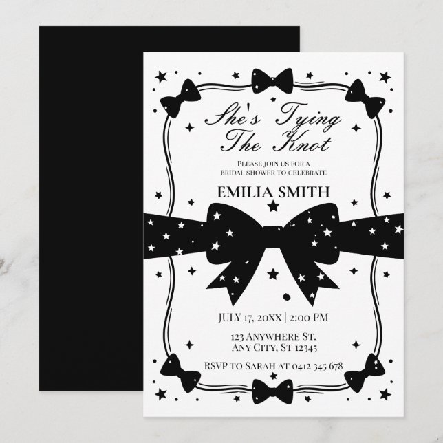 black white Bow She's Tying the Knot Bridal Shower Invitation (Front/Back)