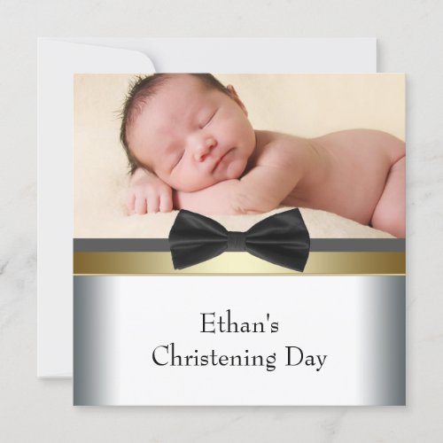 Black White Bow Tie Baby Boy Photo Christening Invitation