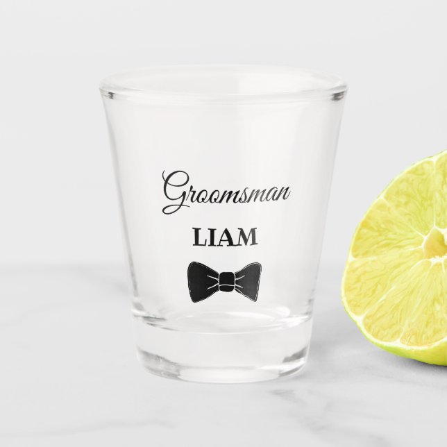 Black & White Bow Tie Modern Groomsman Gift Shot Glass (Front)