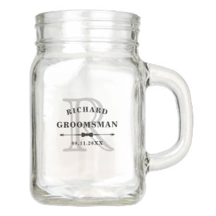 Black White Bow Tie Monogram Groomsman Wedding Mason Jar