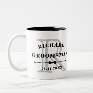 Black White Bow Tie Monogram Groomsman Wedding Two-Tone Coffee Mug