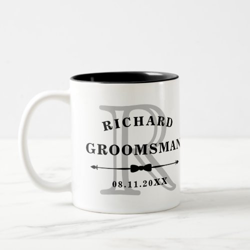 Black White Bow Tie Monogram Groomsman Wedding Two_Tone Coffee Mug