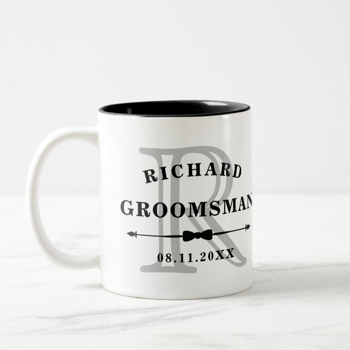 Black White Bow Tie Monogram Groomsman Wedding Two-Tone Coffee Mug ...