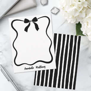 Black White Bow Wavy Border Personalized Note Card