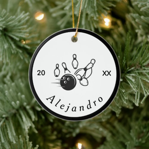 Black White Bowling Ball Pins Custom Personalized  Ceramic Ornament