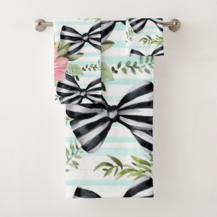 BLACK & WHITE BOWS AND LARGE PINK FLOWERS BATH TOWEL SET