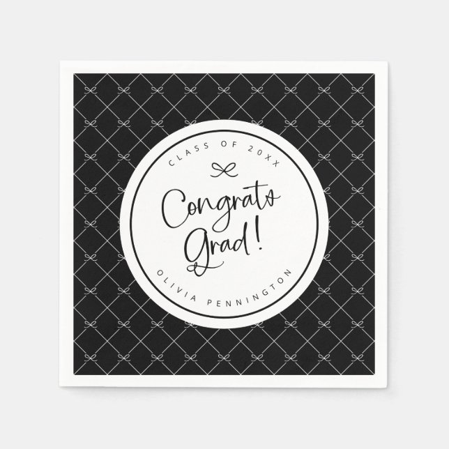 Black White Bows Congrats Grad Graduation Party Napkins (Front)