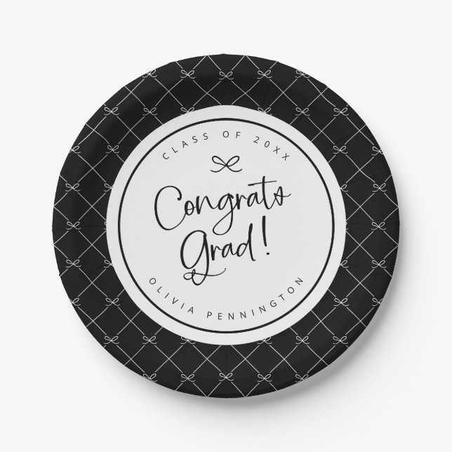 Black White Bows Congrats Grad Graduation Party Paper Plates (Front)