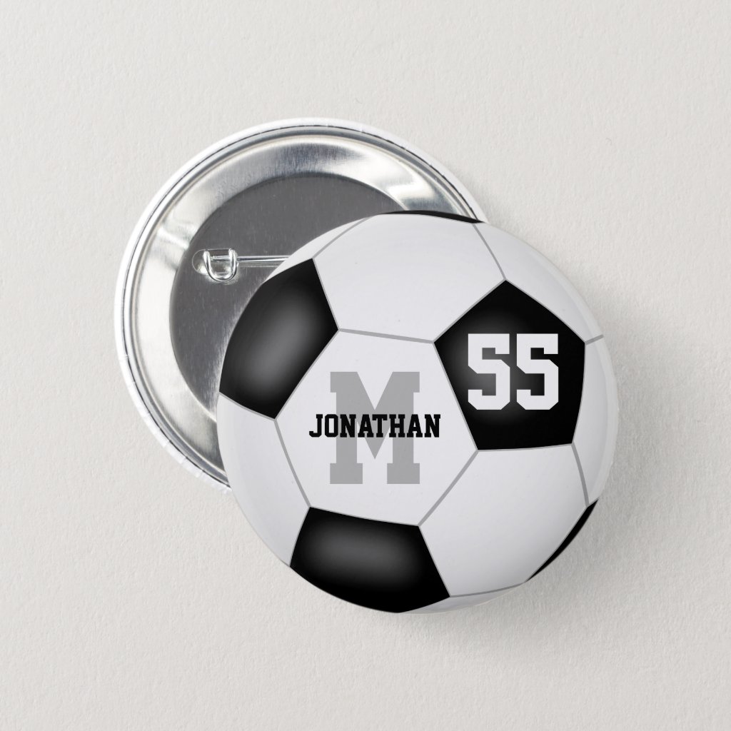 black white soccer personalized button for kids