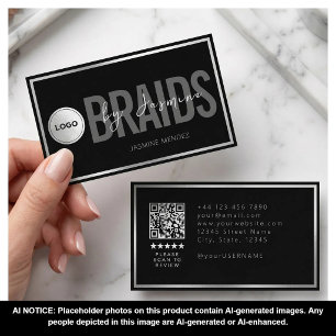 Black & White Braiding Salon QR Code Logo Braider Business Card