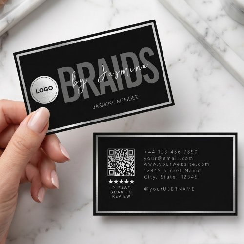 Black & White Braiding Salon QR Code Logo Braider Business Card