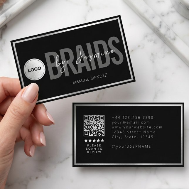 Black & White Braiding Salon QR Code Logo Braider Business Card (Creator Uploaded)