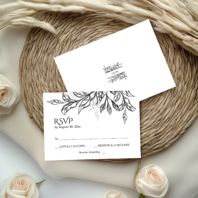Black & White Branch & Leaves w Monogram RSVP Enclosure Card (Creator Uploaded)