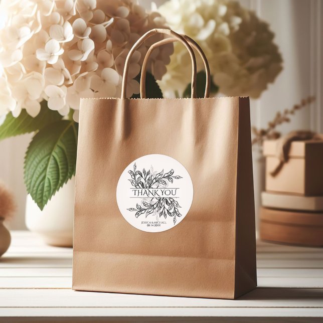 Black & White Branch & Leaves Wedding Classic Round Sticker (Creator Uploaded)