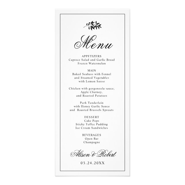 Black white branch Old Money wedding menu card (Front)