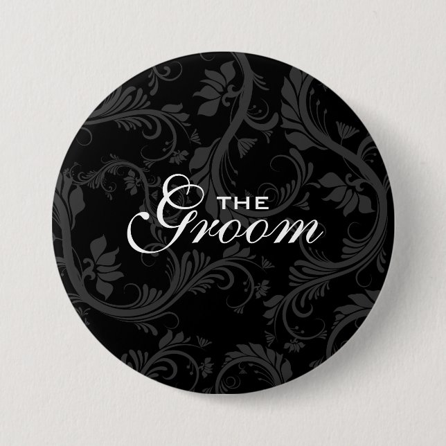 Black white "Bridal party" floral Button (Front)
