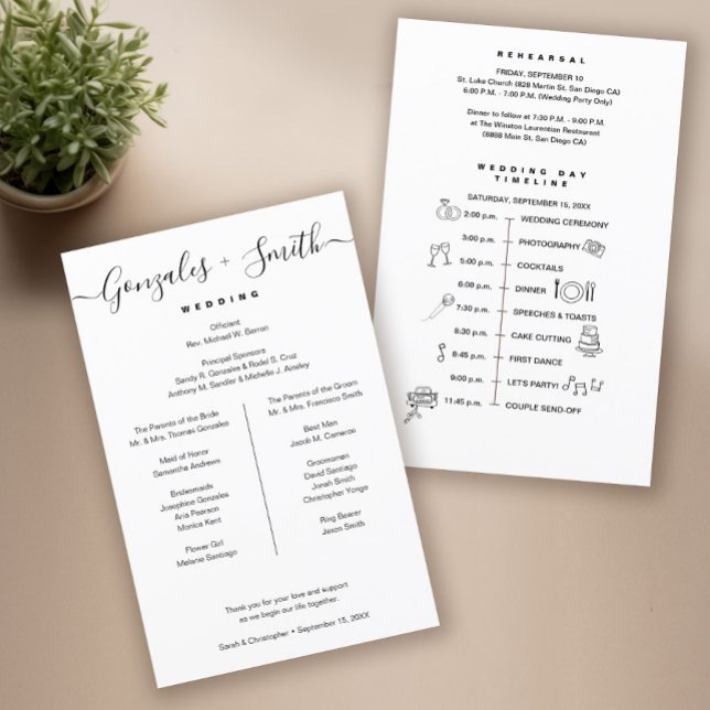 Black White bridal party Wedding Timeline list (Simple wedding day schedule with icons and bridal party list)