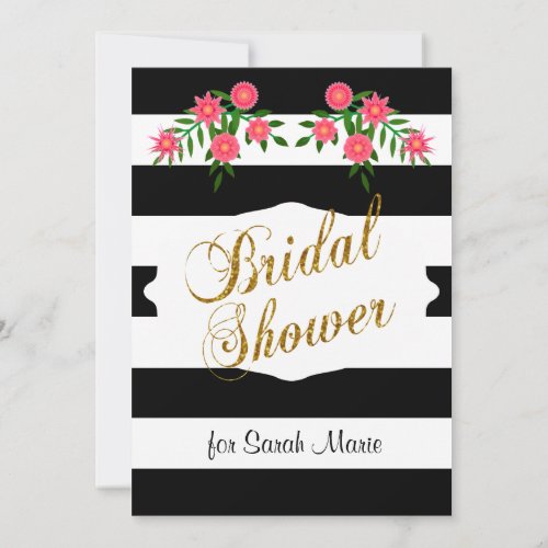 Black  White Bridal Shower  Pink Flowers Invitation