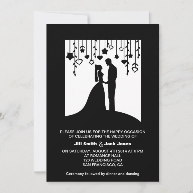 Black & white bride and groom silhouettes wedding invitation (Front)
