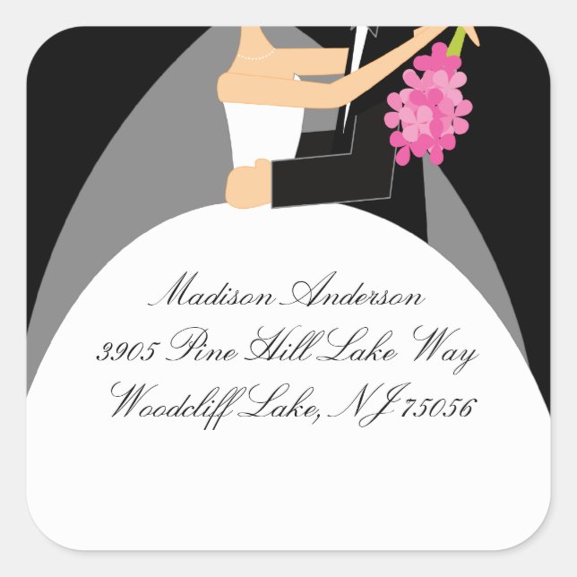 Black & White Bride & Groom Address Square Sticker (Front)
