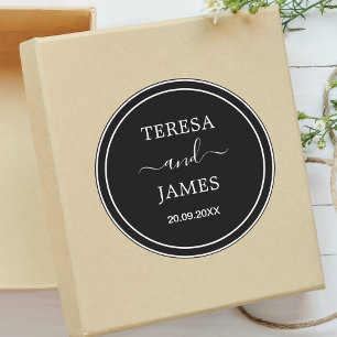 Black & White Bride Groom Name Date Wedding Favor Classic Round Sticker