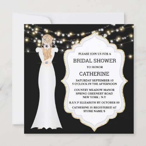 Black white bride wedding dress string lights chic invitation