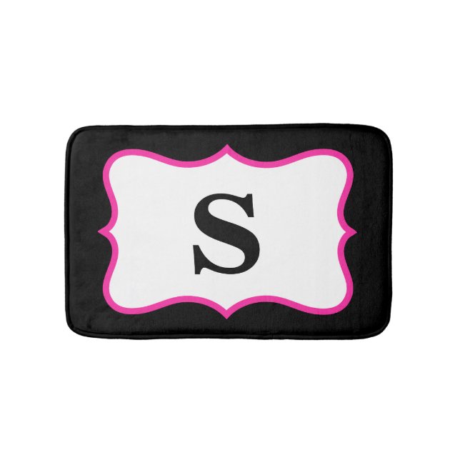 Black White Bright Pink Monogram Initial Home Bathroom Mat (Front)