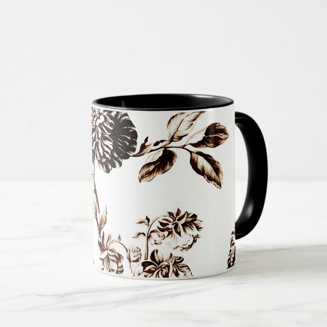 Black & White Bronze Botanical Floral Toile Mug (Front Right)