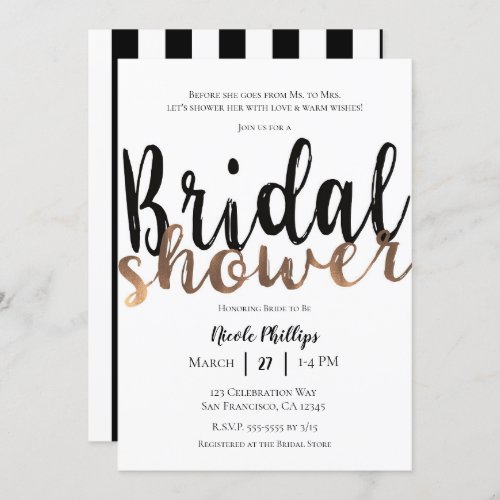 Black White Bronze Modern Glam Bridal Shower Invitation