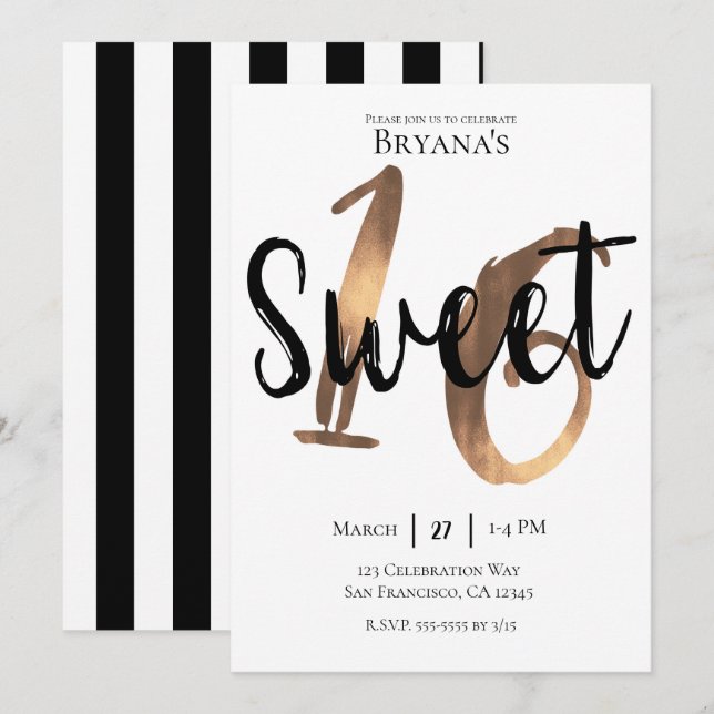 Black White Bronze Modern Sweet 16 Birthday Party Invitation (Front/Back)