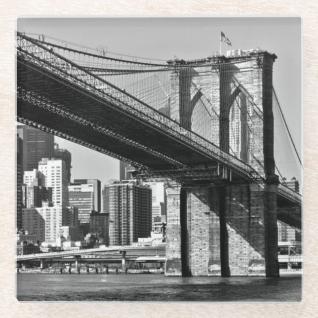Black & White Brooklyn Bridge New York City Glass Coaster (Front)