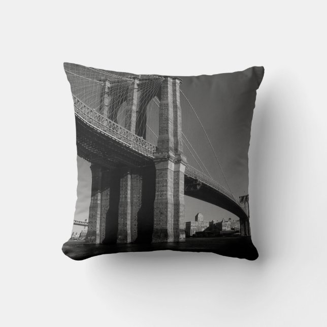 Black & White Brooklyn Bridge New York City Pillow (Front)