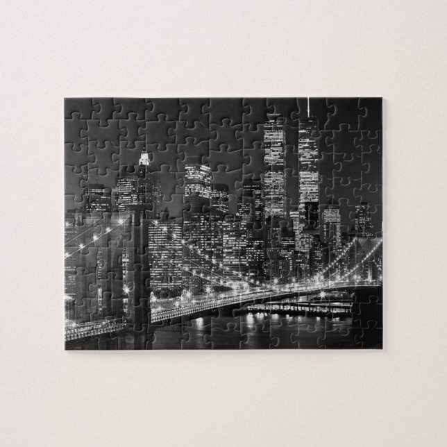 Black White Brooklyn Bridge New York Night Jigsaw Puzzle (Horizontal)