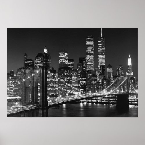 Black White Brooklyn Bridge New York Night Poster