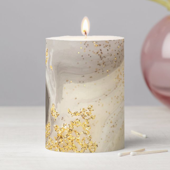 Black White Brown Grey Gold Glitter Marble Agate Pillar Candle (In Situ)