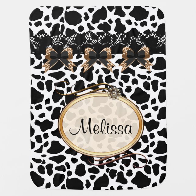 Black White & Brown Leopard Bows Baby Blanket (Front)