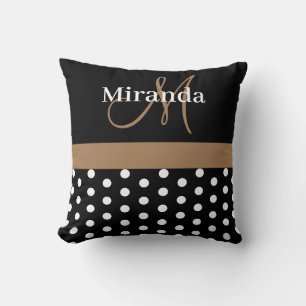 Black White Brown Monogram Script Polka Dots Throw Pillow